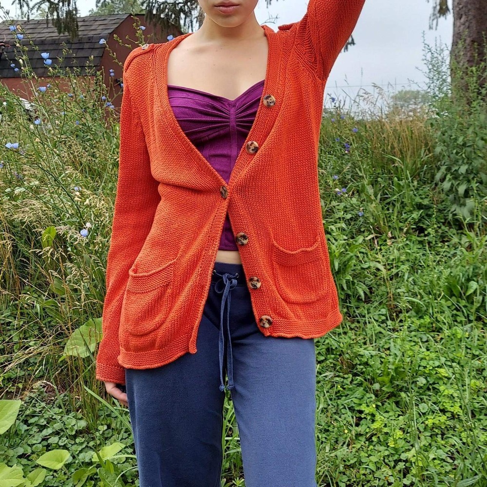 Talbots 100% Cotton Orange Knit Cardigan Petite L